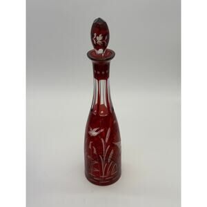 Vintage Bohemian Cut-to-Clear Cranberry Glass Decanter Bird and Marsh Motif